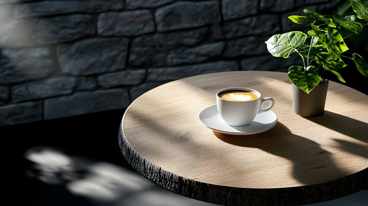 coffee in a white coffee cup with soft lighting and latte art